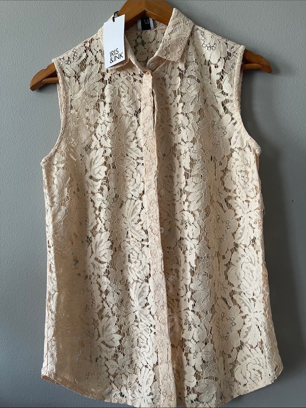 Sleeveless Lace Button-Front Blouse in Cream pastel quiet luxury